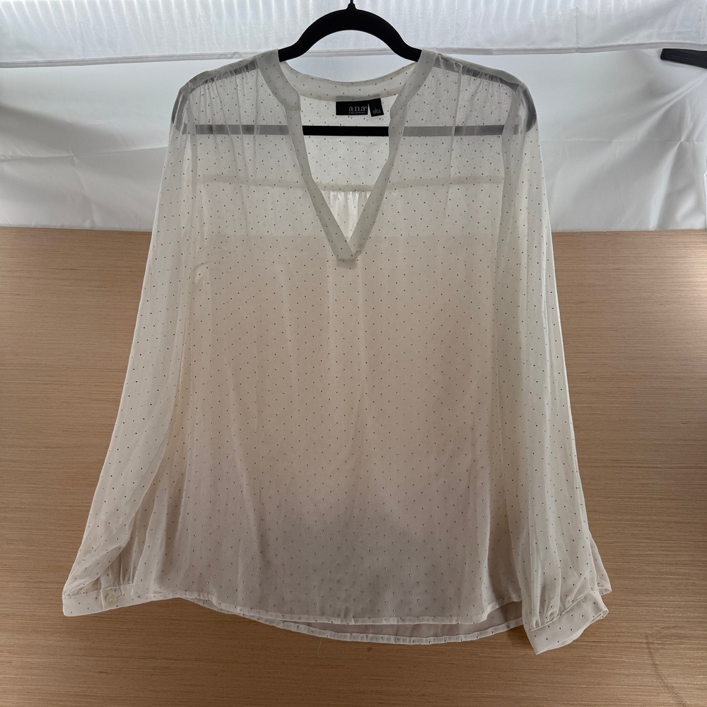 NWT A.N.A A New Approach White Gold Studded Polka Dot Split Neck Blouse LG Sheer